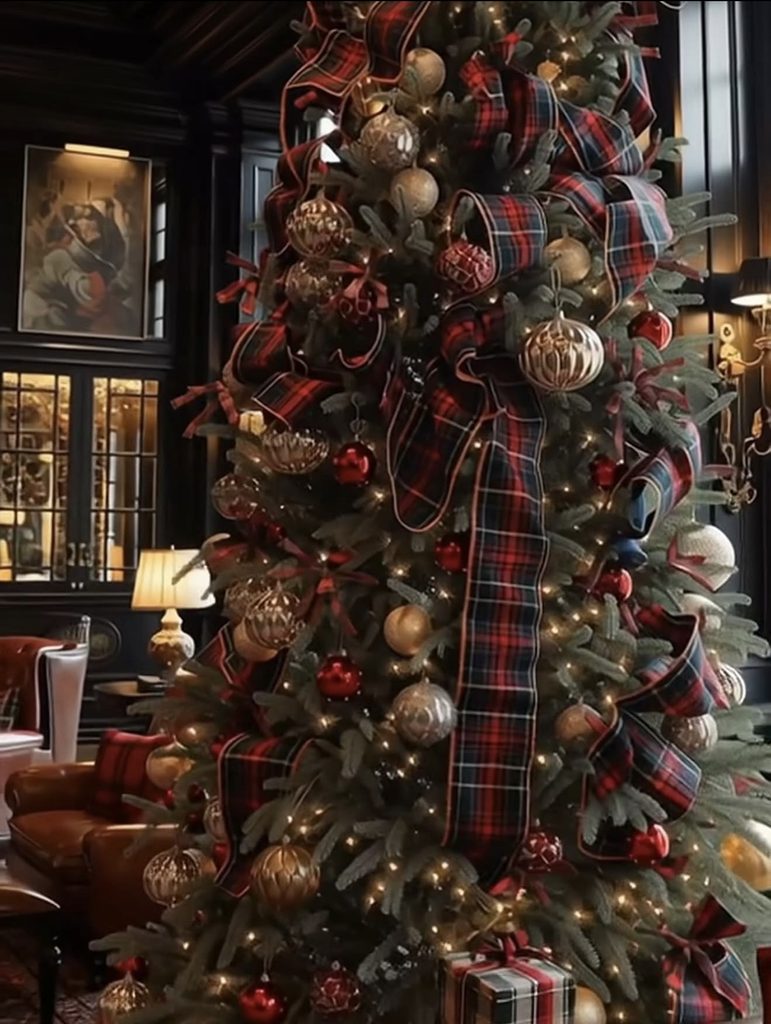 Ralph Lauren Christmas tree decorated with deep green, burgundy, navy, plaid ribbon, brass accents, red berries, and warm white lights for a classic holiday look.