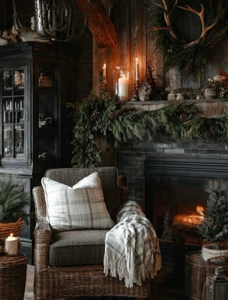 Wood cabin inspired Ralph Lauren Christmas mantel with traditional greenery, rich colors, and timeless holiday decor.