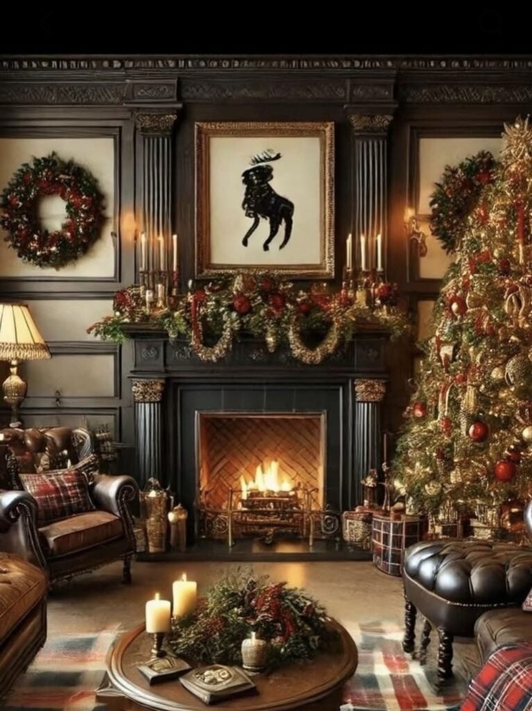 Equestrian-inspired Ralph Lauren Christmas mantel with greenery and classic country-style holiday details.