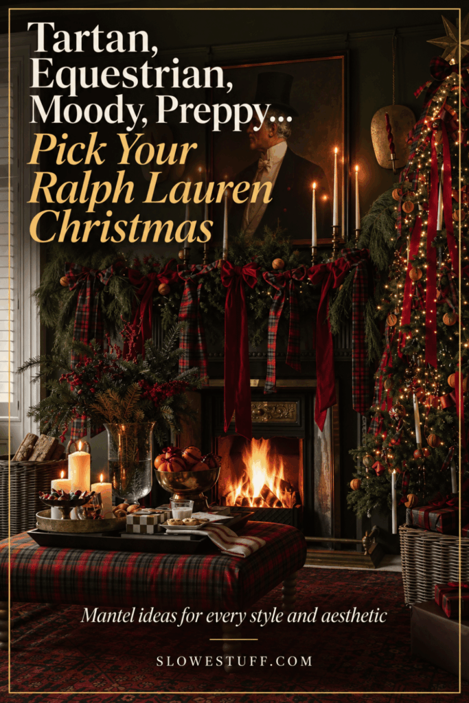Ralph Lauren Christmas mantel ideas in tartan, equestrian, moody, and preppy styles with plaid ribbon, greenery, candles, and a richly decorated fireplace.