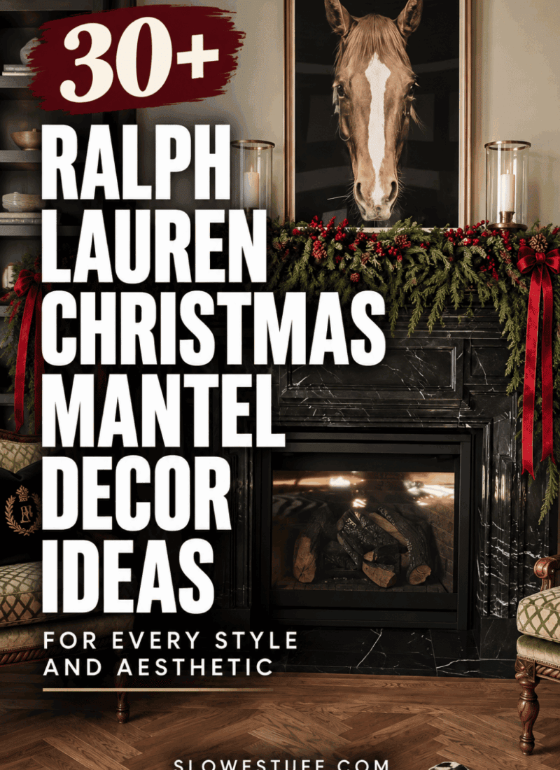 30+ Ralph Lauren Christmas mantel decor ideas featuring an equestrian-inspired fireplace with greenery, red velvet ribbon, brass accents, and a horse portrait.