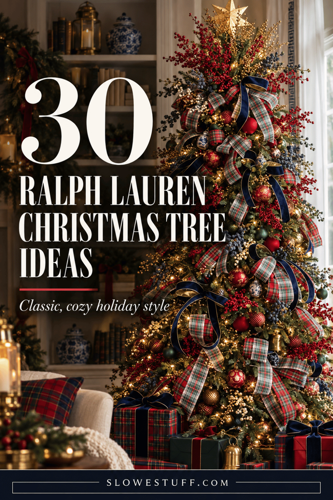 30 Ralph Lauren Christmas tree ideas shown with tartan ribbon, navy velvet bows, red berries, gold ornaments, warm lights, and classic holiday style.