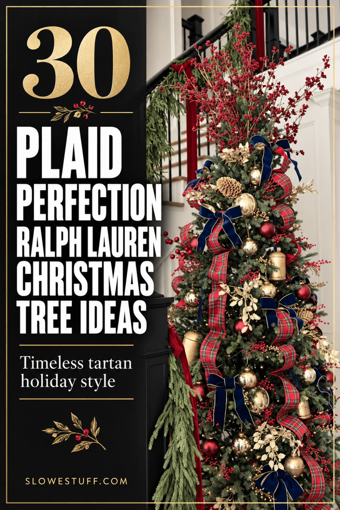 Plaid Perfection Ralph Lauren Christmas tree ideas featuring tartan ribbon, navy bows, red berries, gold ornaments, greenery, and timeless holiday decor.