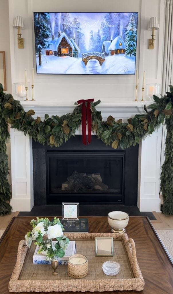 Classic Ralph Lauren Christmas mantel with rich greenery, traditional textures, and timeless holiday styling.