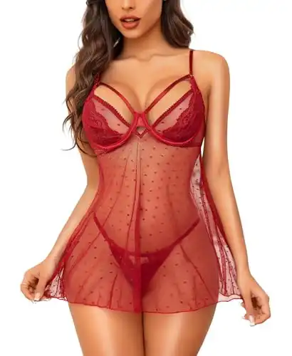 RSLOVE Women Sexy Babydoll Lingerie - Lace Sheer Mesh Sleepwear Polka Dots Bridal Chemise Nightie Dress Wine Red L