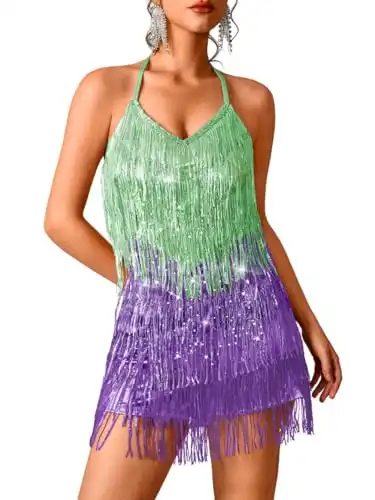 Kaei&Shi Womens Vibrant Fringe Sparkly Romper Dress,Green Purple,L