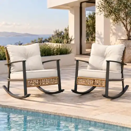 LAUSAINT HOME Wicker Rocking Chair Set of 2, Oversized Patio Chair Comfy Rocker Chair with Thick Cushion, Modern Cozy Lounge Chair for Living Room,Bedroom(Beige)