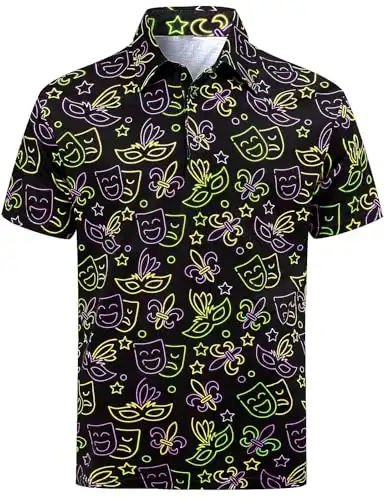 Men's Mardi Gras Neon Mask Print Polo Funny Golf Shirt for Men Fashion Short Sleeve Casual Festivities Top, Neon Mask, XXX-Large