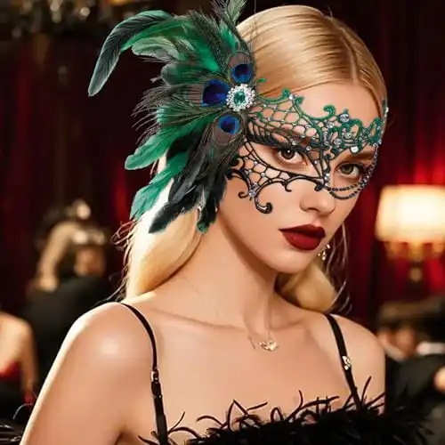 CHUANGLI Masquerade Mask for Women Mardi Gras Mask Peacock Feather Lace Mask Venetian Mask for Party/Mardi Gras/Ball/Carnival