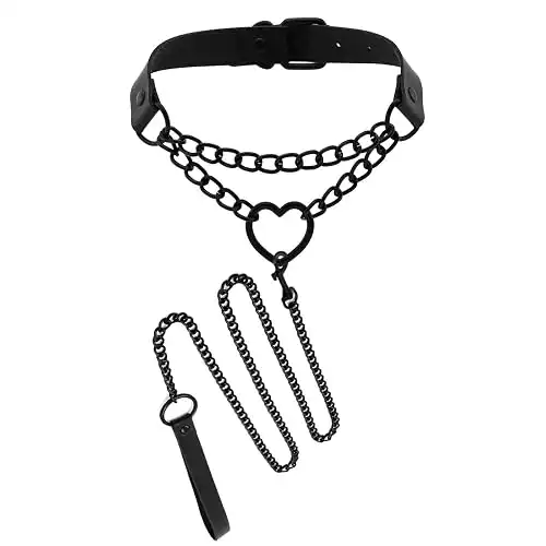 Vintage Love Heart Black Leather Choker Collar and Leash Set