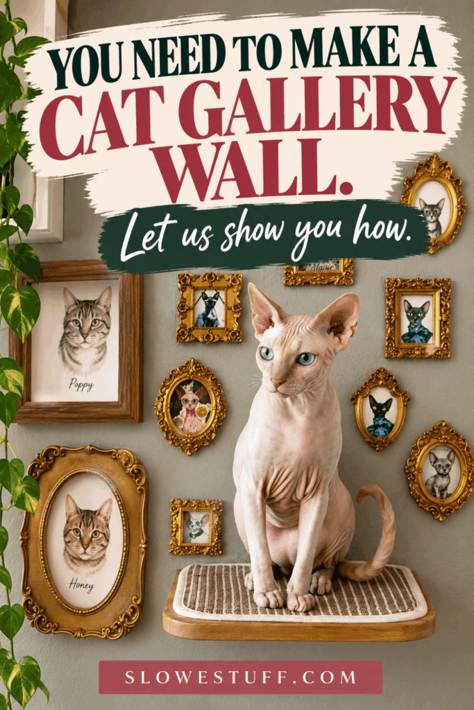 Sphynx cat sitting on a wall-mounted perch surrounded by ornate framed cat portraits, with text encouraging cat lovers to create a cat gallery wall.