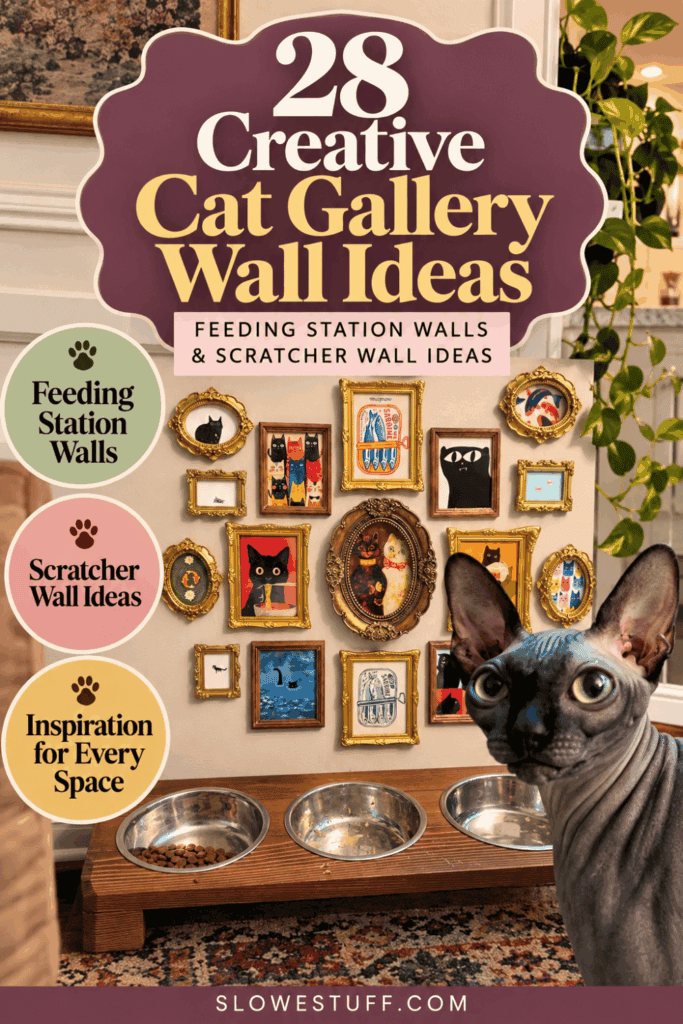 Sphynx cat beside an eclectic cat gallery wall with vintage gold frames and a wooden feeding station, featuring inspiration for cat feeding station walls and scratcher wall ideas.