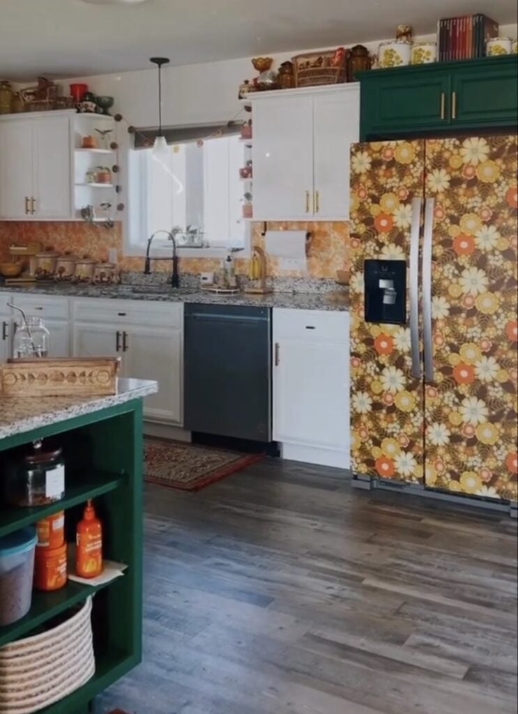 Refrigerator decorated with eye-catching patterned wallpaper for a colorful kitchen makeover.