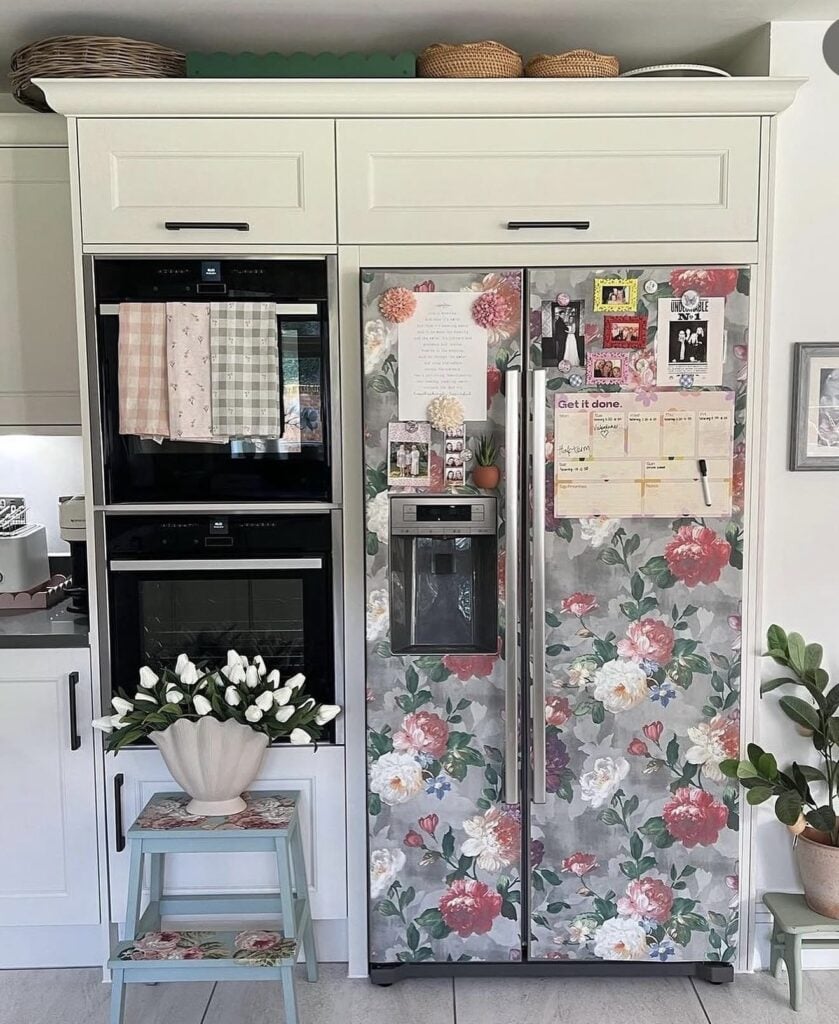 Refrigerator wallpaper designs of florals to show different decorating looks and patterns.