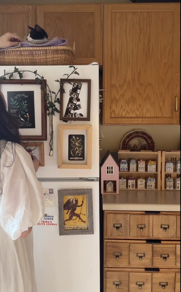 Eclectic fridge gallery wall on a white refrigerator with framed botanical art, photo booth pictures, tarot-inspired artwork, trailing ivy and personal photos.
