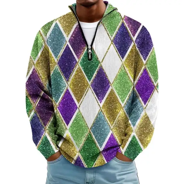 LNZGNM Mardi Gras Shirt for Men Quarter Zip Plus Size Printed Sweatshirt Stand-Up Collar Long Sleeve Tops Fashion Winter Outfits,Purple Pink M