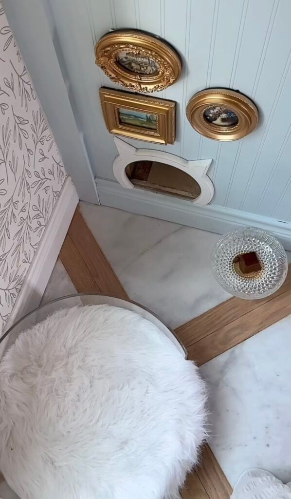 Small cat gallery wall with vintage gold frames arranged above a cat-shaped wall opening on a pale blue paneled wall.