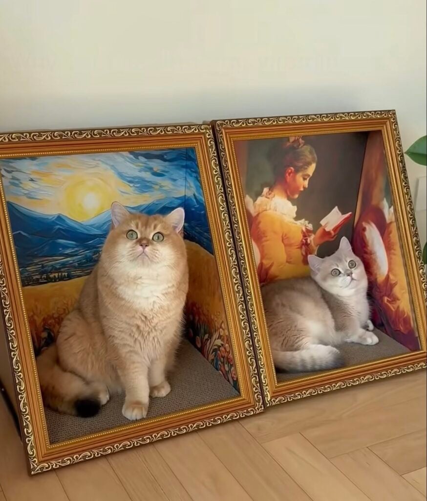 Two ornate gold-framed custom cat portraits displayed as decorative cat artwork.
