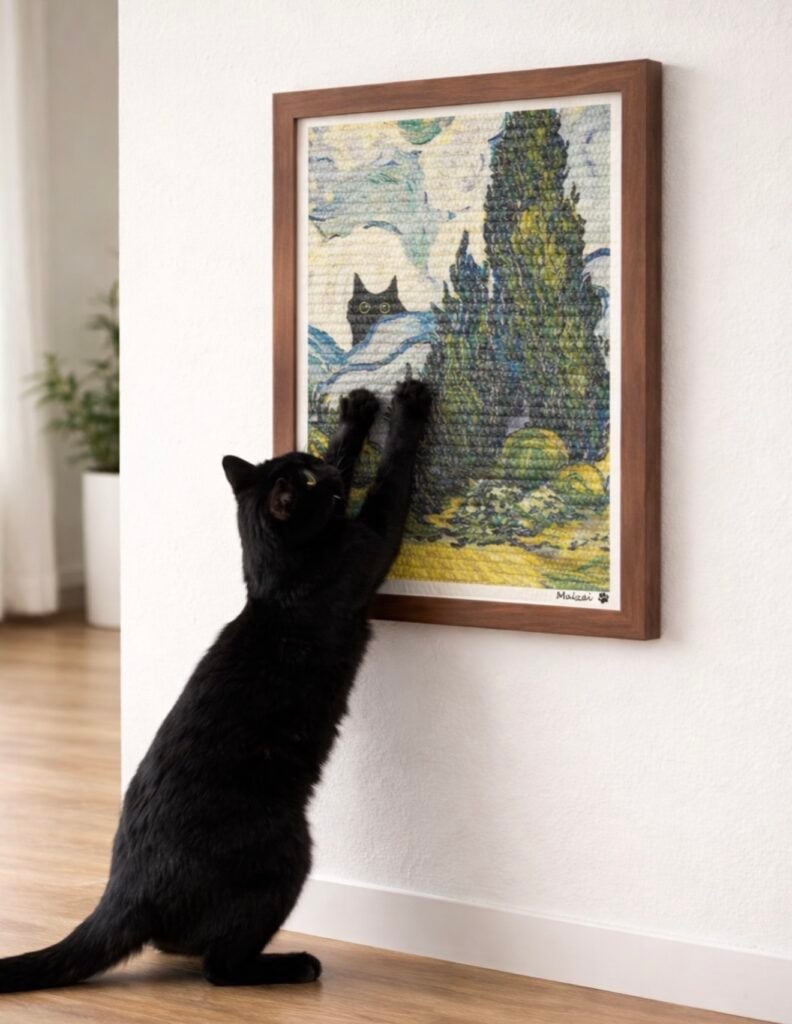 Black cat scratching a large framed cat-themed wall scratcher designed to look like artwork.