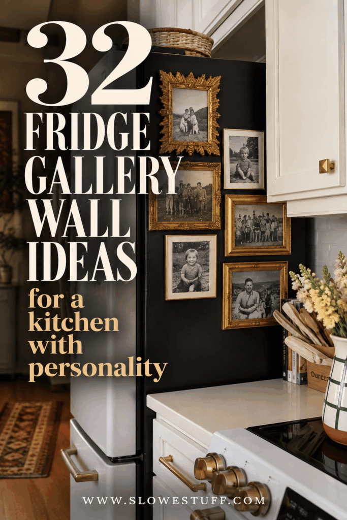 Black refrigerator decorated with vintage family photos in ornate gold frames, creating a fridge gallery wall in a green and white kitchen.