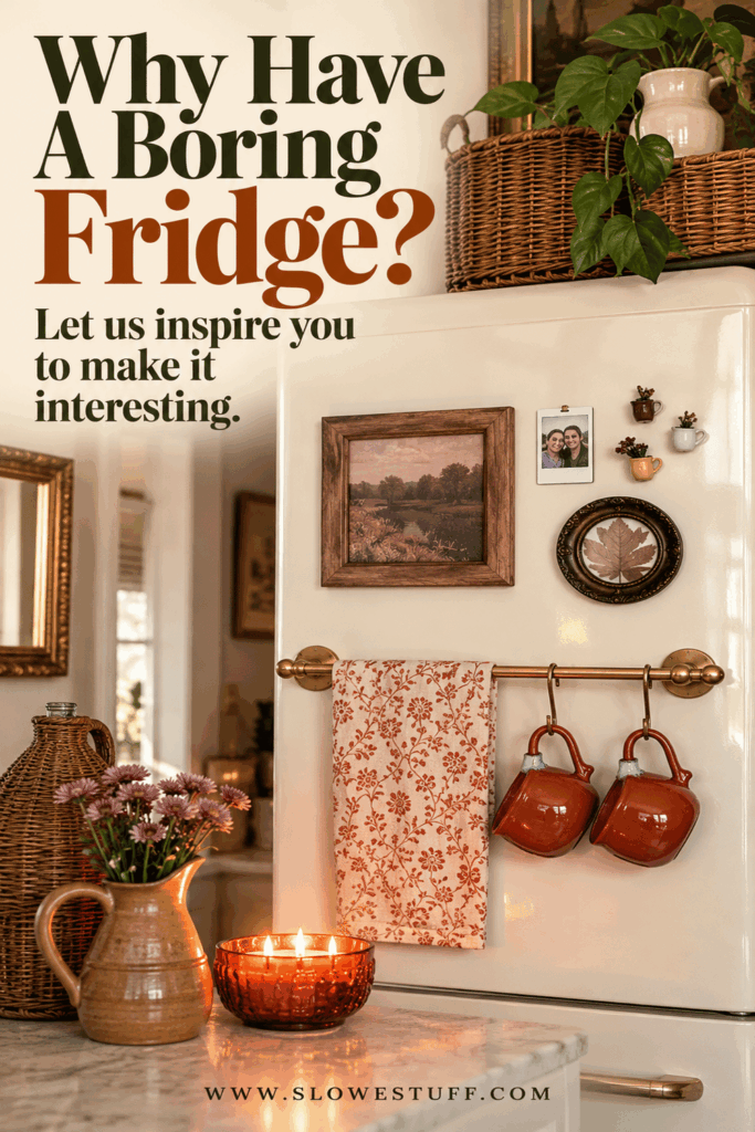 Cream refrigerator decorated with framed artwork, a family photo, tiny planters, hanging mugs and a towel as a creative fridge gallery wall.