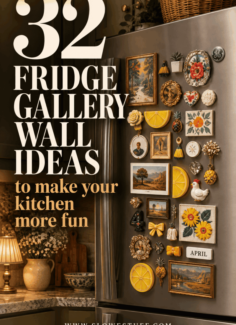 Vintage cream refrigerator covered with an eclectic fridge gallery wall featuring small gold frames, botanical art, landscapes, family photos and decorative accents.