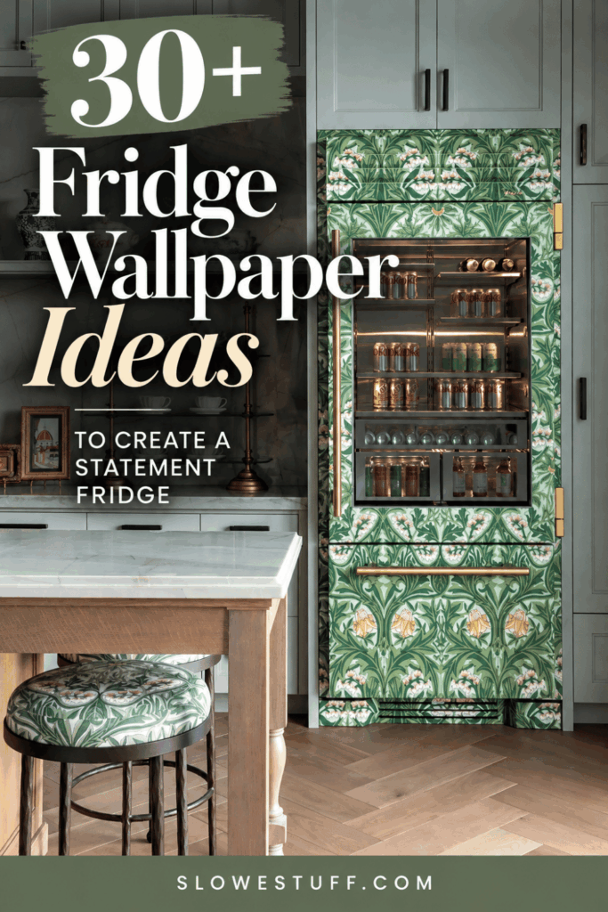Green botanical wallpaper covering a luxury refrigerator with a glass door and brass handles in an elegant kitchen. Pinterest graphic featuring 30+ fridge wallpaper ideas to create a statement fridge.