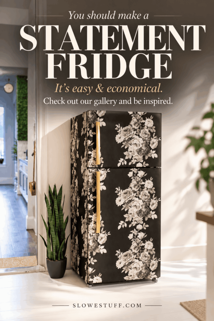 Black refrigerator covered in dramatic white floral wallpaper with gold handles. Pinterest graphic encouraging readers to create a statement fridge with an affordable wallpaper makeover.