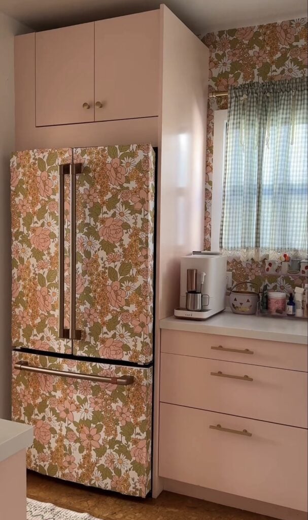 Wallpapered refrigerator featuring a decorative pattern for a personalized kitchen makeover.
