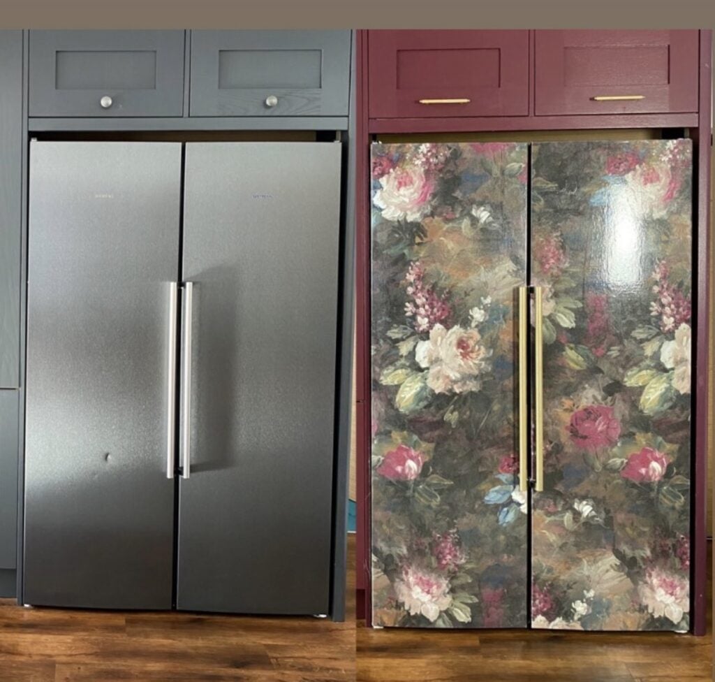 Wallpapered refrigerator makeover showing how a decorative pattern creates a statement fridge.