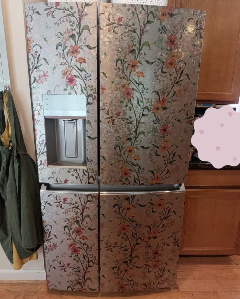 Refrigerator decorated with individual decals for a simple kitchen makeover.